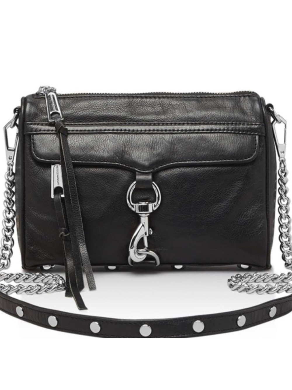 Rebecca minkoff leather crossbody purse with studs and chain strap black